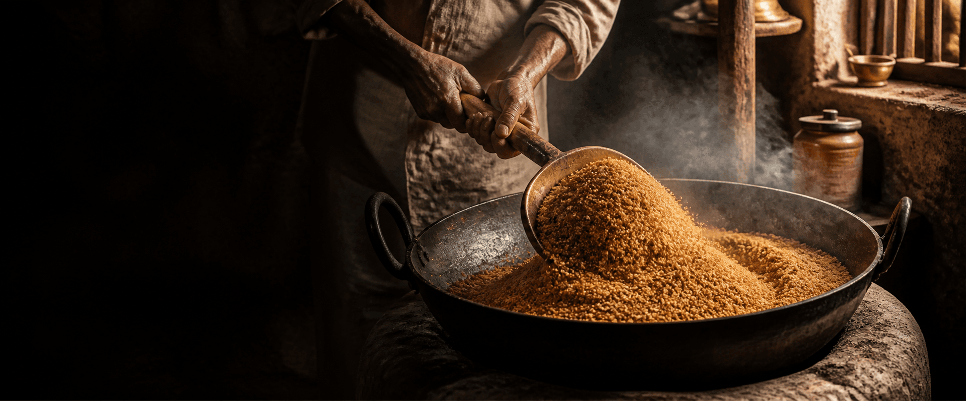 An artisan preparing fine Desi Khand in a traditional iron kadai