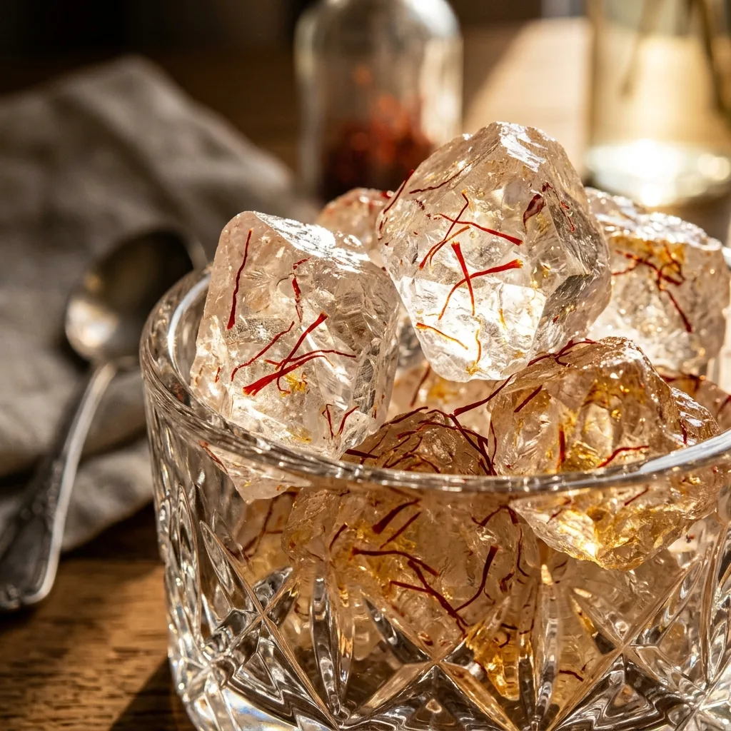 Saffron Mishri — translucent sugar crystals threaded with Kashmiri saffron