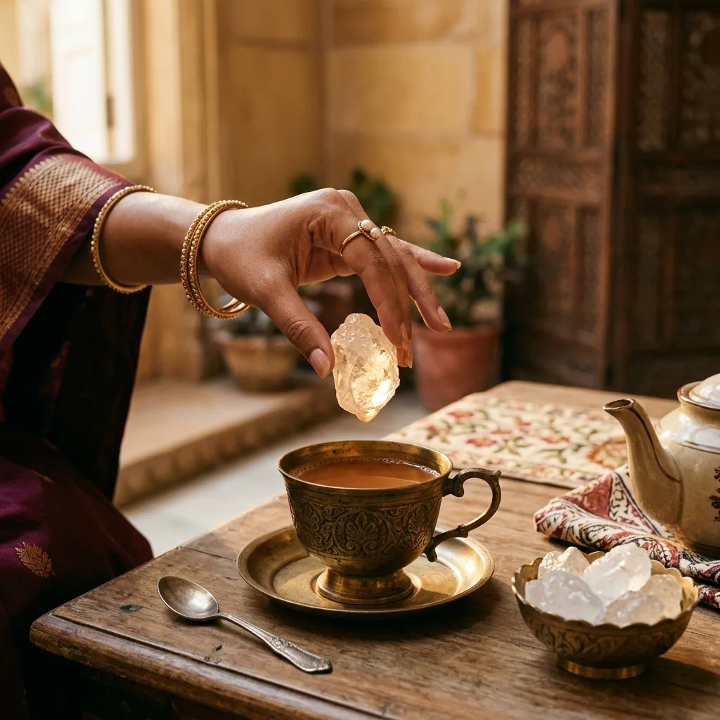 Mishri crystal dissolving slowly in a brass teacup